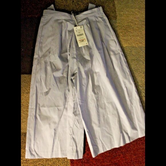 NEW Zara Woman WIDE Legged Capri-Style Pants Pants Ladies Size Small Blue White - Picture 1 of 5